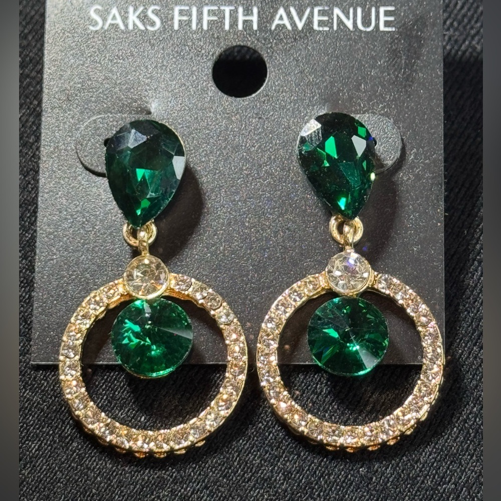 Bold Green Crystal Gold Statement Earrings Saks Fifth Avenue 1.5in